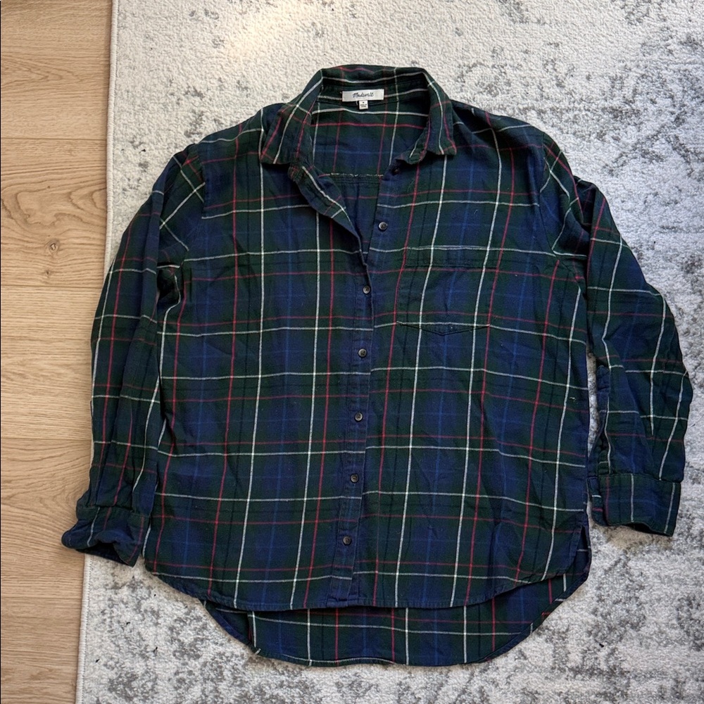 Madewell Navy and Green Plaid Button-Down Shirt